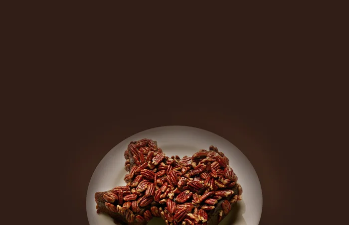 Pecans on a small white plate, lit against a dark ground.